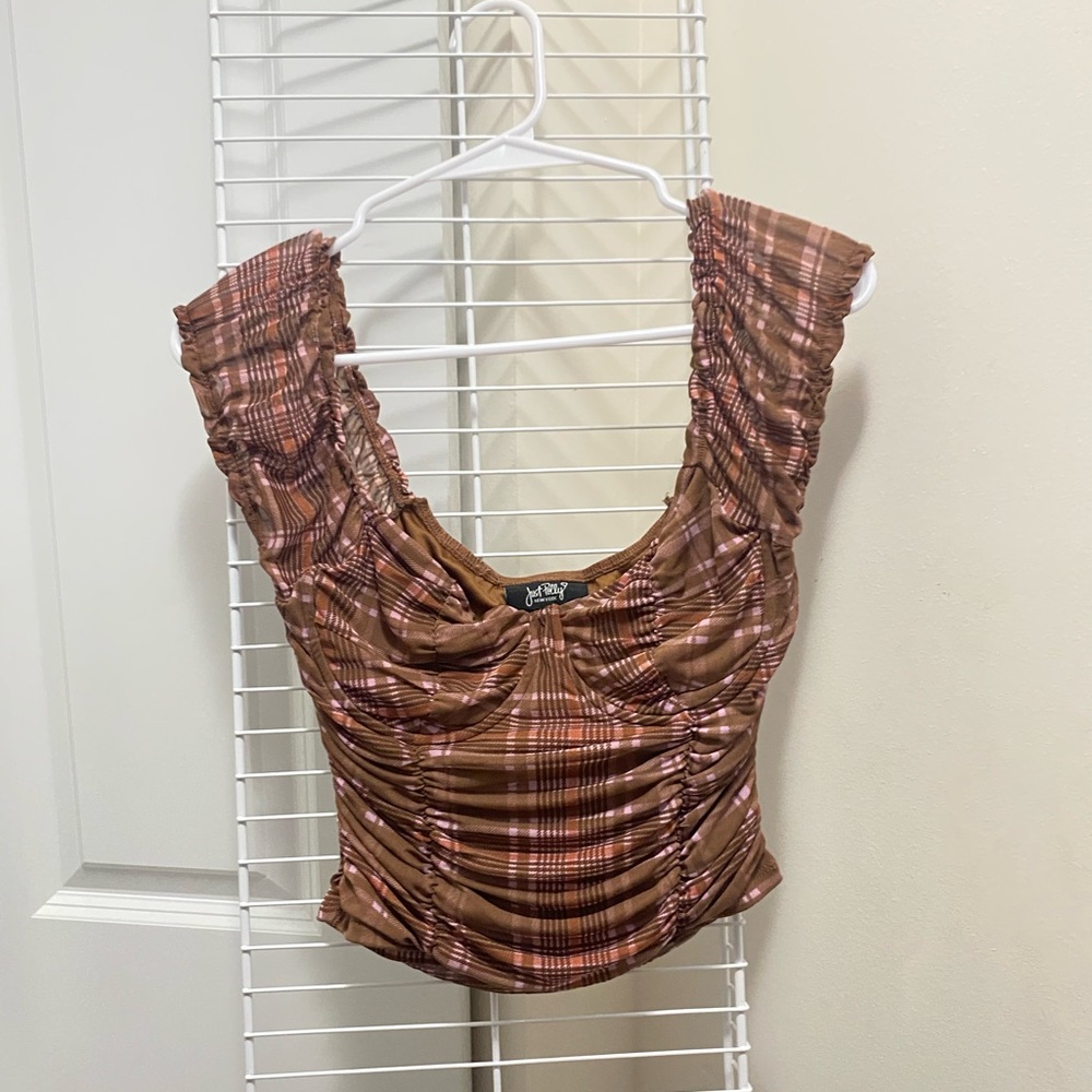 3/15$ Just Polly Brown Plaid Bustier Ruched Top
